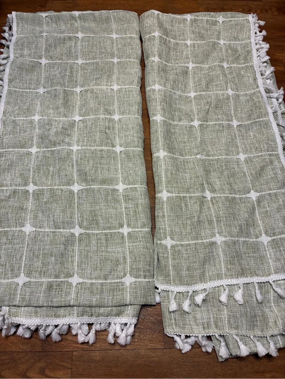 Colorigan Sage Green Window Curtain Panels with White Grid and Tassel Trim 1 Pr